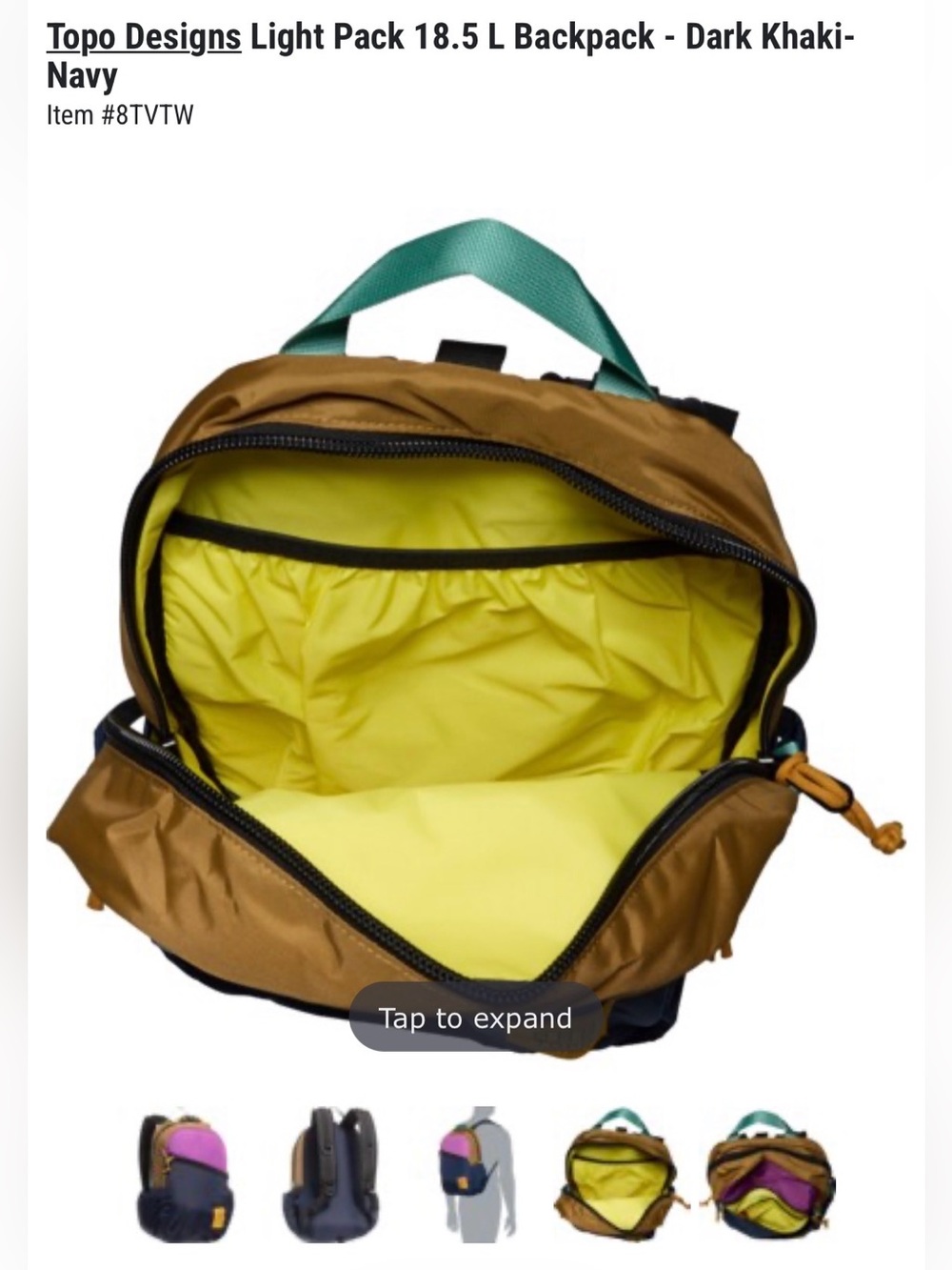 Topo Designs Light Pack 18.5 L Backpack - Dark Khaki-Navy - Picture 5 of 9